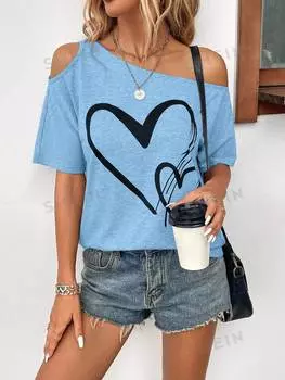 Футболка женская Shein Clasi Love Heart с нерегулярными плечами, голубой
