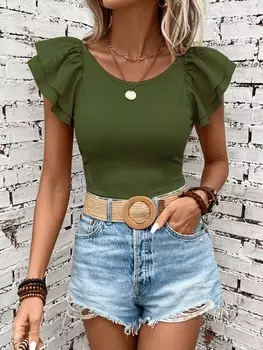 Футболка женская Shein Clasi с круглым вырезом и рюшами, зеленый