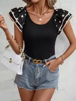 Футболка женская Shein Clasi с круглым вырезом с рюшами, черный