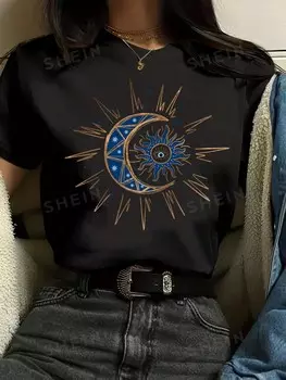 Футболка женская Shein Essnce с короткими рукавами и принтом солнца и луны, черный