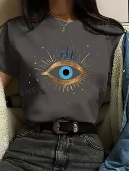 Футболка женская Shein Essnce с круглым вырезом и принтом солнца и луны, темно-серый