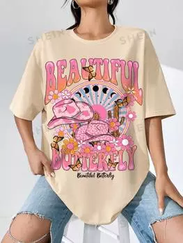 Футболка женская Shein Ezwear с круглым вырезом и узором, абрикосовый