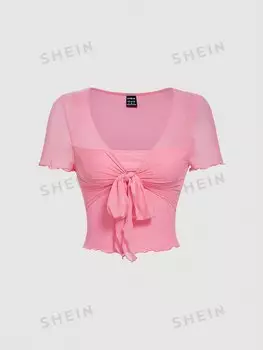 Футболка женская Shein Mod из одноцветной сетки с завязками спереди, розовый