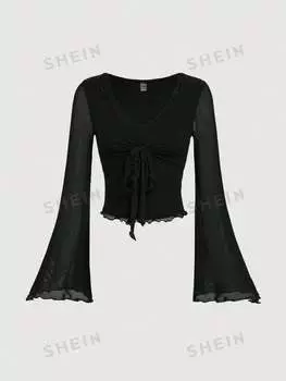 Футболка женская Shein Mod с завязками спереди и рукавами-колокольчиками, черный