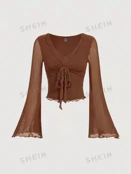 Футболка женская Shein Mod с завязками спереди и рукавами-колокольчиками, коричневый