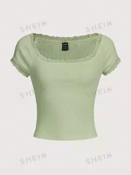 Футболка женская Shein Qutie с короткими рукавами и кружевным краем, мятно-зеленый