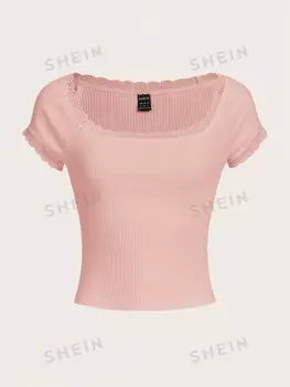 Футболка женская Shein Qutie с кружевным краем, розовый