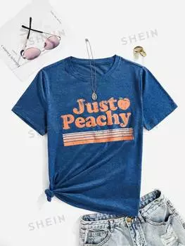 Футболка женская Shein Vcay с коротким рукавом и буквенным принтом, синий