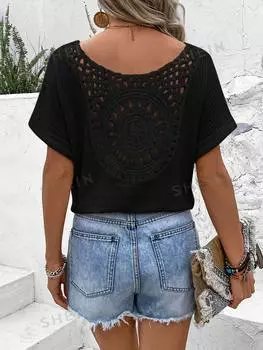 Футболка женская Shein Vcay с короткими рукавами и полой спиной, черный