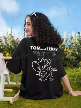 Футболка женская свободного кроя Shein с принтом, черный