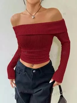 Футболка женская укороченная Shein Ezwear с открытыми плечами, бургундия