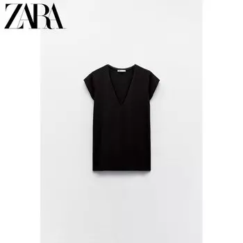 Футболка женская Zara с короткими рукавами и V-образным вырезом, черный