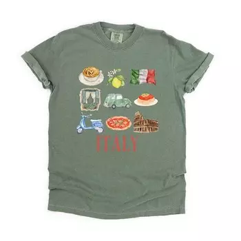 Футболки с коллажем для путешествий по Италии, окрашенные в одежду Simply Sage Market, цвет Moss