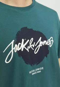 Футболки с принтом RUNDHALS Jack & Jones, бирюзовый синий