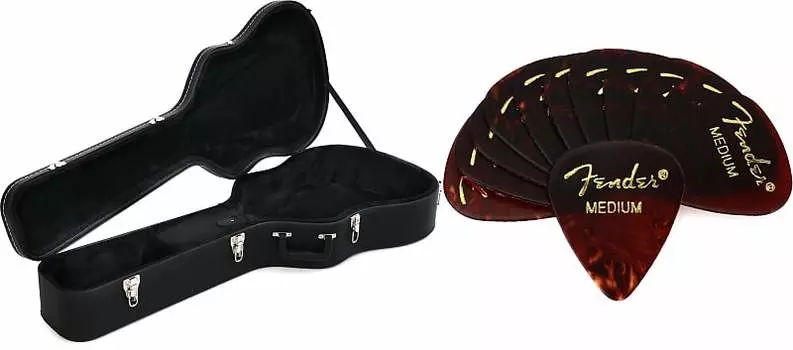 Футляр для акустической гитары Fender Dreadnought — черный комплект с медиаторами из целлулоида премиум-класса в форме Fender 351 — корпус среднего размера, 12 шт. 0996203306=1 1980351800=1