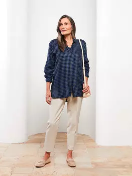 Габардиновая женская рубашка в клетку с длинными рукавами и застежкой спереди на пуговицы LCW Grace, темно-синий плед