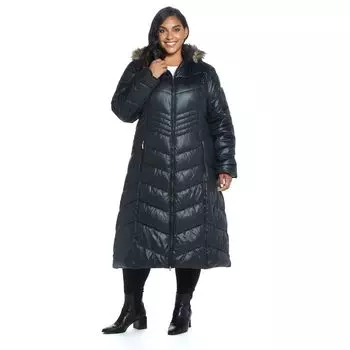 Галерея больших размеров Длинный пуховик с капюшоном и шевроном из искусственного меха Gallery