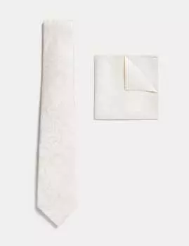 Галстук и платок из чистого шелка с цветочным узором Marks & Spencer, цвет Champagne