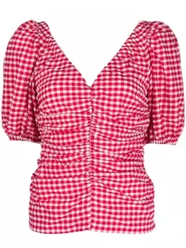 GANNI блузка в клетку с V-образным вырезом, розовый