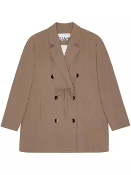 GANNI двубортное пальто с поясом, коричневый