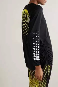 GANNI Футболка из эластичной переработанной сетки с рюшами и принтом, черный