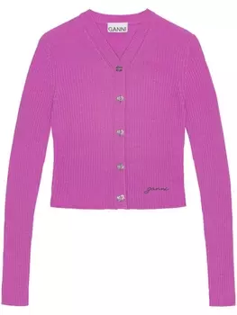 GANNI кардиган в рубчик с вышитым логотипом, фиолетовый