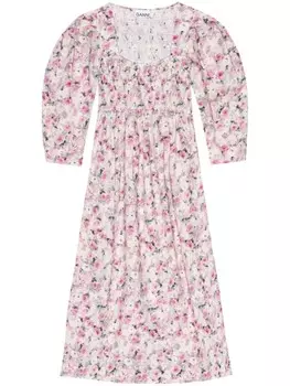 GANNI платье миди с объемными рукавами и цветочным принтом, розовый