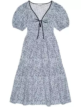 GANNI платье миди с V-образным вырезом и принтом, синий