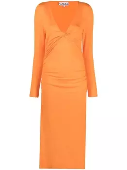 GANNI платье с V-образным вырезом и длинными рукавами, оранжевый