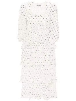 GANNI плиссированное платье миди с монограммой, нейтральный цвет