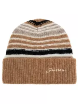 GANNI полосатая шапка с вышитым логотипом, коричневый