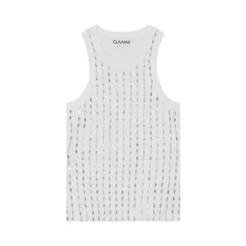 GANNI Трикотажный топ в рубчик с бисером, Ярко-белый