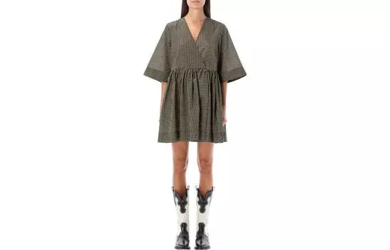 GANNI Женское зеленое платье с короткими рукавами FW22