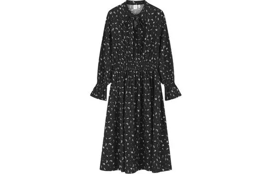 GAP Платье женское с длинными рукавами, черное, с цветочным принтом