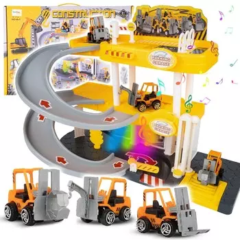 Гараж для автомобилей, 3-этажный, строительная техника, свет MalPlay