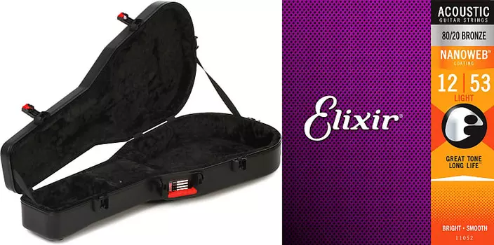 Gator ATA Molded Guitar Case - с защелками TSA для акустических гитар Комплект со струнами Elixir 11052 Nanoweb 80/20 Струны для акустической гитары - .012-.053 Light Elixir Strings + Gator 11052=1 GTSA-GTRDREAD=1