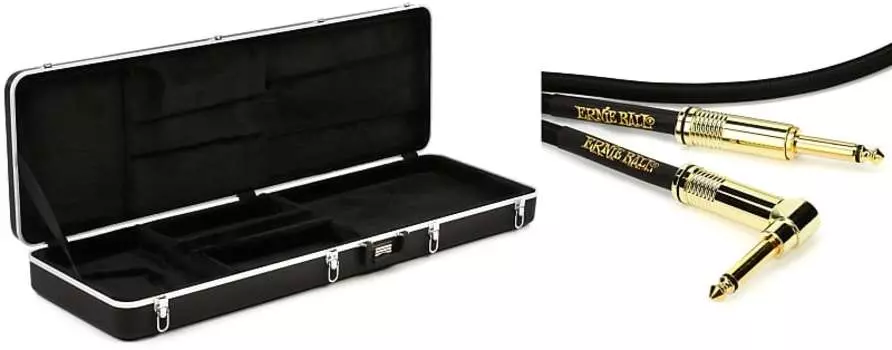 Gator GC-Bass Deluxe ABS Литой корпус для электрической бас-гитары Комплект с Ernie Ball P06081 Плетеный инструментальный кабель с прямым углом - 10 футов, черный Ernie Ball + Gator P06081=1 GC-Bass=1