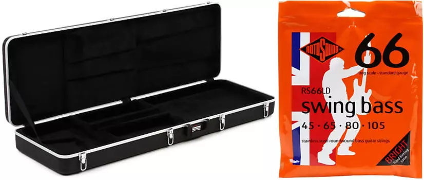 Gator GC-Bass Deluxe Литой корпус из АБС-пластика для электробас-гитары Комплект с Rotosound RS66LD Swing Bass 66 Струны для бас-гитары с круглой обмоткой из нержавеющей стали - .045-.105 Стандартная длинная 4-струнная шкала