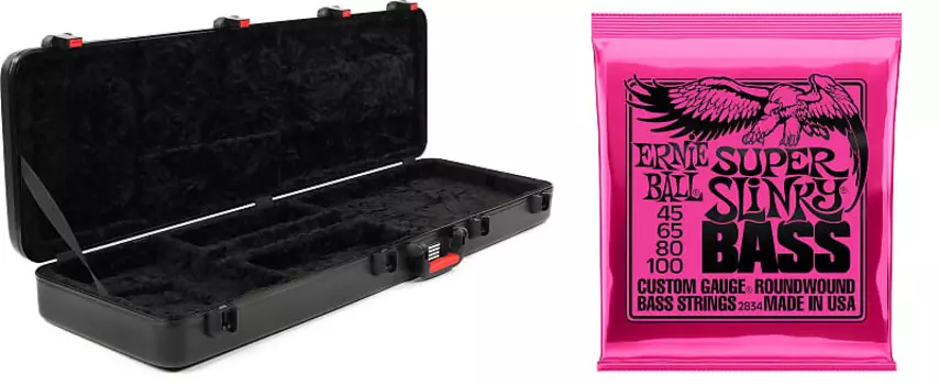Gator GTSA-GTRBASS ATA Литой чехол для бас-гитары с защелками TSA Комплект со струнами Ernie Ball 2834 Super Slinky Nickel Wound Electric Bass Guitar .045-.100 Ernie Ball + Gator P02834=1 GTSA-GTRBASS=1