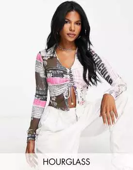 Газетный принт с длинными рукавами и воротником-стойкой ASOS Fuller Bust