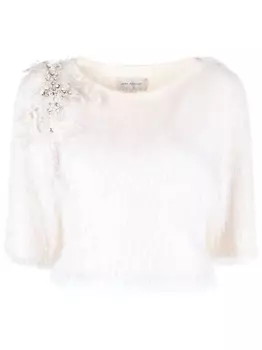 Gemy Maalouf укороченная блузка с бахромой и кристаллами, нейтральный цвет