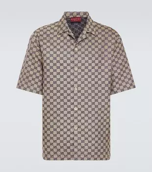 GG Canvas рубашка для боулинга из смесового льна Gucci, Oatmilk/Blue
