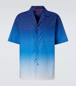 GG омбре хлопковая поплиновая боулинговая рубашка Gucci, Light Blue/White/Mc