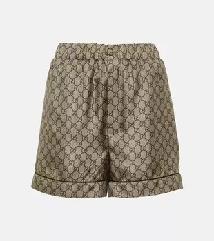 GG принтованные шорты из шелкового твила Gucci, Camel/Ebony/Mc