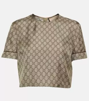 GG принтованный шелковый твил укороченный топ Gucci, Camel/Ebony/Mc