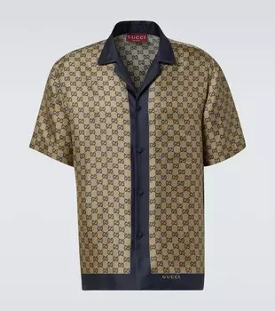 GG рубашка из шелка с принтом Gucci, Blue/Beige/Mc