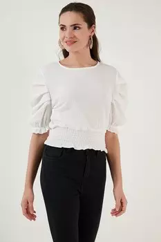 Гибкая блузка Gipeli с круглым вырезом и объемными рукавами 5865018 Lela, экрю