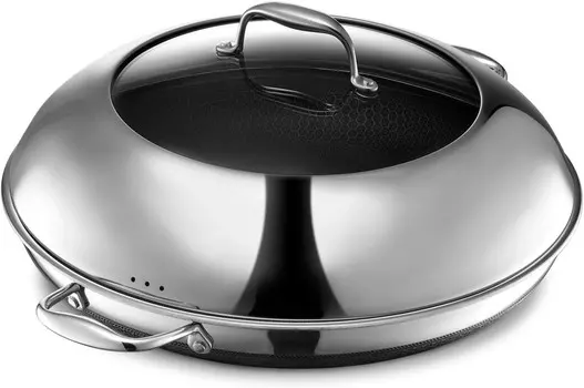 Гибридная сковорода из нержавеющей стали с шестигранной оболочкой, 14 дюймов, со стеклянной крышкой, антипригарным покрытием Hexclad