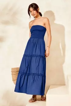 Гибридное летнее платье без бретелек с рюшами и вырезом-бандо Lipsy, синий