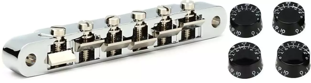 Gibson Accessories ABR-1 Tune-O-Matic Bridge with Full Assembly — Chrome Bundle with Gibson Accessories Speed ​​Knobs 4-pack — Black PBBR-010=1 PRSK-010=1